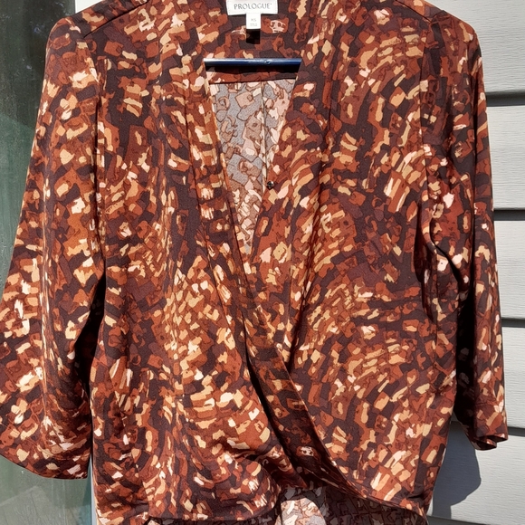 Prologue Brown Abstract Print Wrap Blouse XS - Picture 3 of 5